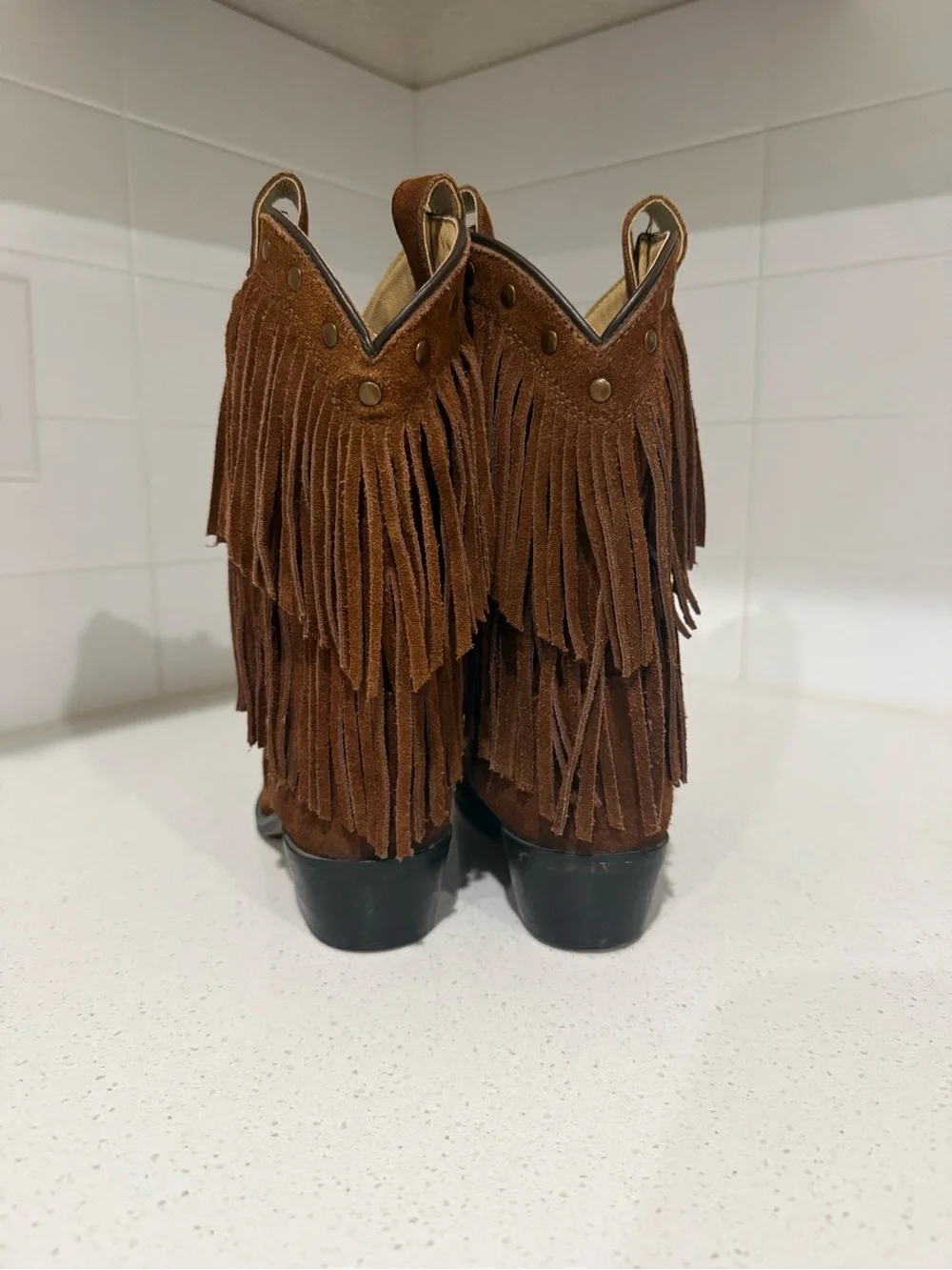 Girls Shyanne Fringed Boho Genuine Suede Western Ankle Boots in Chestnut Brown